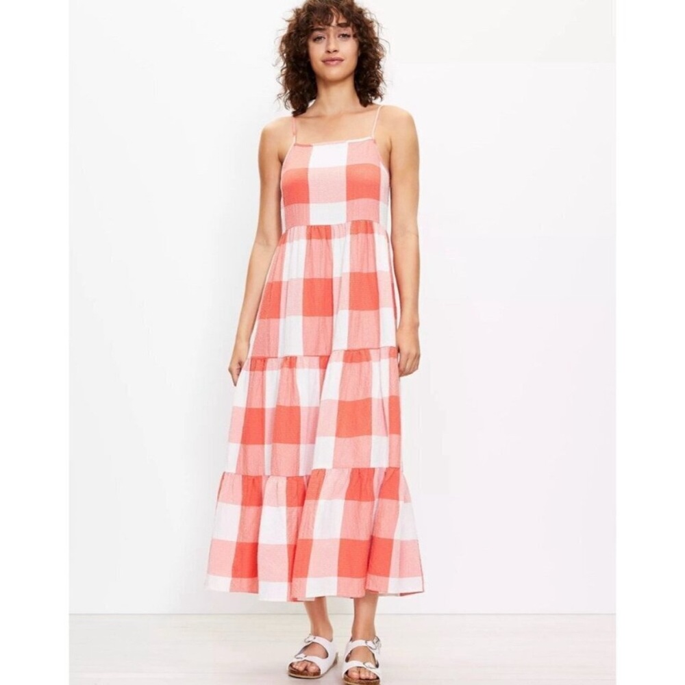 LOU & GREY Gingham Check Tiered Tank Midi Smocked Dress in Coral/White Size L